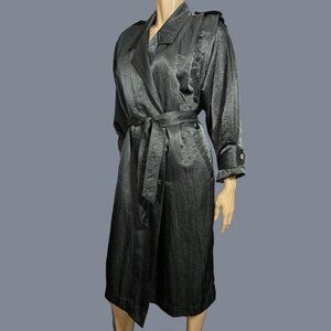 Vintage 90s Long Black Trench Coat Size 6 Shiny Satiny Belted Oversized Nylon